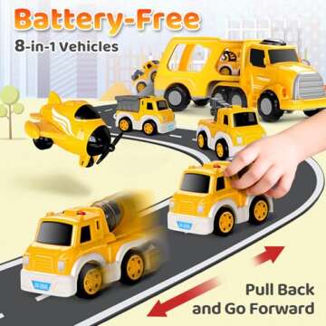 SplashNSpray 8 in 1 Fire Truck Toy Cars for Kids, Carrier Truck for 3 4 5 6 Years Old Boys Girls Toddlers, Pull Back Cars Set with Music & Light, Birthday Presents for Kids, (Yellow)