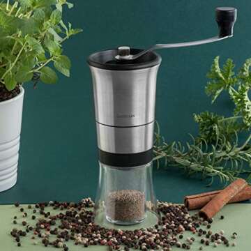 Manual Coffee Beans Grinder - Ceramic Conical Burr Mill with Adjustable Grind Settings - Quiet Stainless Steel Hand Crank and Bonus Brush