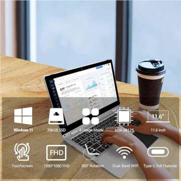 Windows Laptop,2 in 1 Laptops with Touchscreen,11.6 inch FHD Windows 11 Laptop Computer,4GB RAM,256GB SSD Storage,360 Degree Convertible Tablet Intel Celeron J4125 Processor,Webcam,WiFi,Type-C,Silver