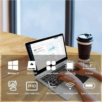 Windows Laptop,2 in 1 Laptops with Touchscreen,11.6 inch FHD Windows 11 Laptop Computer,4GB RAM,256GB SSD Storage,360 Degree Convertible Tablet Intel Celeron J4125 Processor,Webcam,WiFi,Type-C,Silver