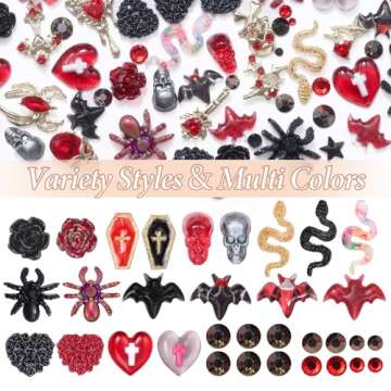UOTEY 124 PCS 3D Halloween Nail Art Charms, 12Styles Gold Spider Skull Cross Nail Gems Rhinestones Charms, Multi Styles Dark Snake Spider Heart Bat Rose Charms for Nail Art Decor
