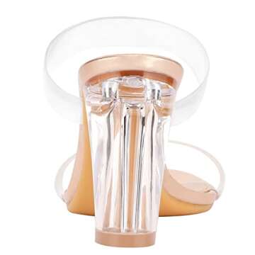 ZriEy Women's Gold Clear Heels Chunky Block Open Toe Mid High Heeled Sandals Two Strap Slip on Heels Slide Sandals Size 8