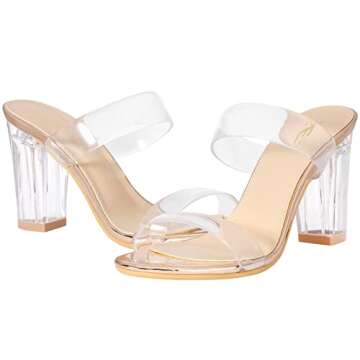 ZriEy Women's Gold Clear Heels Chunky Block Open Toe Mid High Heeled Sandals Two Strap Slip on Heels Slide Sandals Size 8