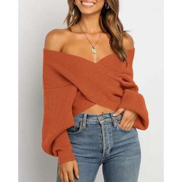 BTFBM Women Casual V Neck Long Sleeve Sweaters Cross Wrap Front Off Shoulder Asymmetric Hem Knitted ...