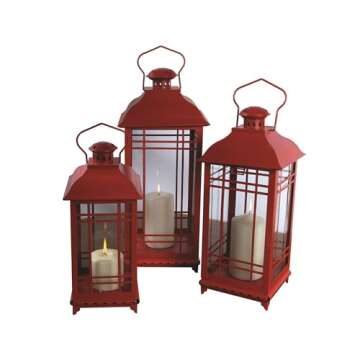 Melrose Lantern, Metal & Glass, Set of 3, Red, Candle Lantern Rustic Farmhouse Decor for Patio, Deck...