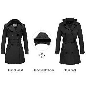FARVALUE Women's Waterproof Trench Coat Double Breasted Windbreaker Classic Belted Lapel Overcoat with Removable Hood Black Medium