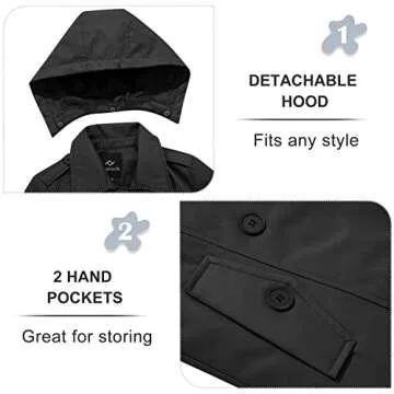 FARVALUE Women's Waterproof Trench Coat Double Breasted Windbreaker Classic Belted Lapel Overcoat with Removable Hood Black Medium