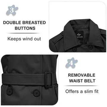FARVALUE Women's Waterproof Trench Coat Double Breasted Windbreaker Classic Belted Lapel Overcoat with Removable Hood Black Medium