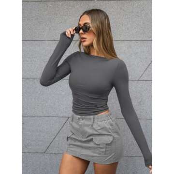 Trendy Queen Women's Boat Neck Tops Long Sleeve Shirts Casual Fitted Tee Shirts Solid Color Fall Basic Clothes Gray M