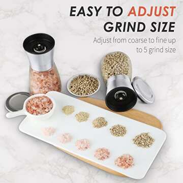 Ebaco Salt and Pepper Grinder Set - Refillable Grinder Adjustable Coarseness of Pepper Salt Spice Stainless Steel Mills Glass 6oz（2 Pack）