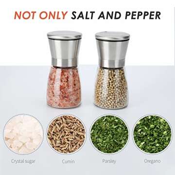 Ebaco Salt and Pepper Grinder Set - Refillable Grinder Adjustable Coarseness of Pepper Salt Spice Stainless Steel Mills Glass 6oz（2 Pack）