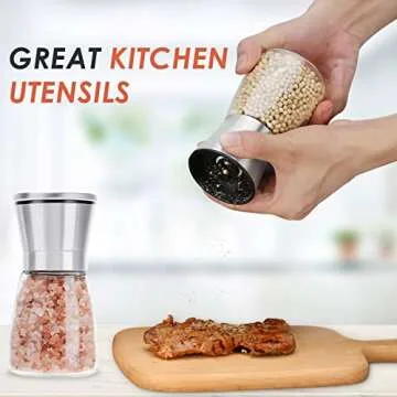 Ebaco Salt and Pepper Grinder Set - Refillable Grinder Adjustable Coarseness of Pepper Salt Spice Stainless Steel Mills Glass 6oz（2 Pack）