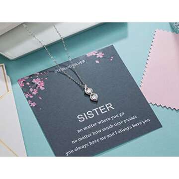 Sister Gifts from Sister, Sterling Silver Infinite Two Interlocking Infinity Double Hearts Necklace, Birthday Jewelry Gift Necklaces for Sisters, No Matter