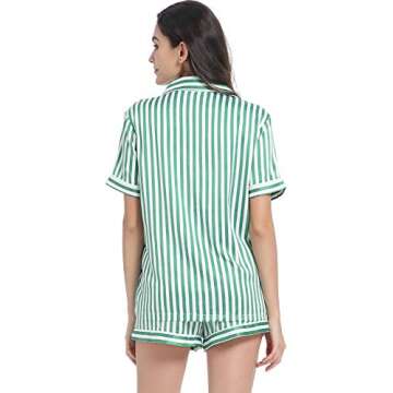 Serenedelicacy Women's Satin Pajama Set 2-Piece Sleepwear Loungewear Button Down Short Sleeve Silky PJ Set (X-Large, Green/Ivory, Stripe)