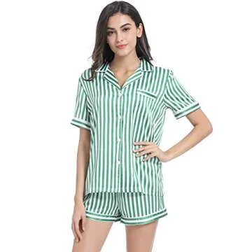 Serenedelicacy Women's Satin Pajama Set 2-Piece Sleepwear Loungewear Button Down Short Sleeve Silky PJ Set (X-Large, Green/Ivory, Stripe)
