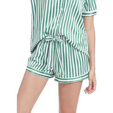Serenedelicacy Women's Satin Pajama Set 2-Piece Sleepwear Loungewear Button Down Short Sleeve Silky PJ Set (X-Large, Green/Ivory, Stripe)