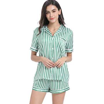 Serenedelicacy Women's Satin Pajama Set 2-Piece Sleepwear Loungewear Button Down Short Sleeve Silky PJ Set (X-Large, Green/Ivory, Stripe)
