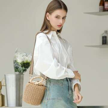 Herald Handmade Straw Top Handle Satchel Handbag for Women, Chic Woven Drawstring Bucket Crossbody Shoulder Purse (Brown)