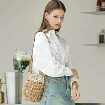 Herald Handmade Straw Top Handle Satchel Handbag for Women, Chic Woven Drawstring Bucket Crossbody Shoulder Purse (Brown)