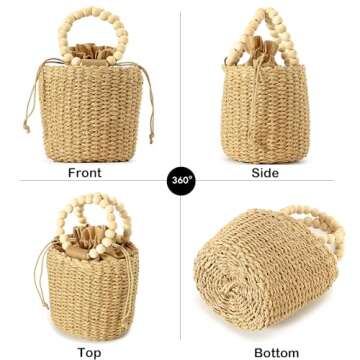 Herald Handmade Straw Top Handle Satchel Handbag for Women, Chic Woven Drawstring Bucket Crossbody Shoulder Purse (Brown)