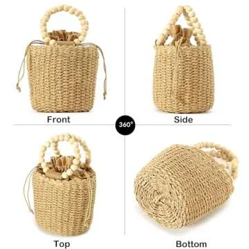 Herald Handmade Straw Top Handle Satchel Handbag for Women, Chic Woven Drawstring Bucket Crossbody Shoulder Purse (Brown)
