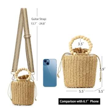 Herald Handmade Straw Top Handle Satchel Handbag for Women, Chic Woven Drawstring Bucket Crossbody Shoulder Purse (Brown)