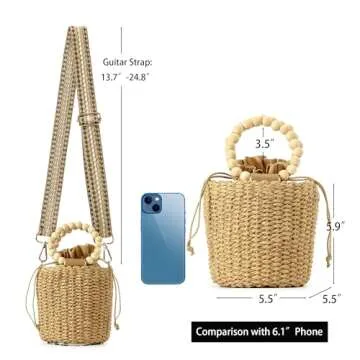 Herald Handmade Straw Top Handle Satchel Handbag for Women, Chic Woven Drawstring Bucket Crossbody Shoulder Purse (Brown)