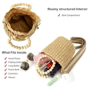 Herald Handmade Straw Top Handle Satchel Handbag for Women, Chic Woven Drawstring Bucket Crossbody Shoulder Purse (Brown)