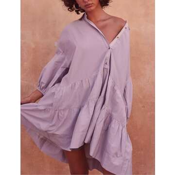 HangNiFang Women's Summer Babydoll Mini Dress Flowy Puff Sleeve Tiered Button Down Oversized Tunic Dress with Pockets(1307-Purple-XL)