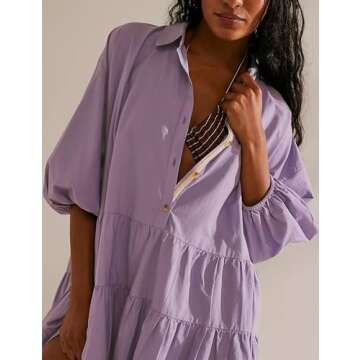 HangNiFang Women's Summer Babydoll Mini Dress Flowy Puff Sleeve Tiered Button Down Oversized Tunic Dress with Pockets(1307-Purple-XL)