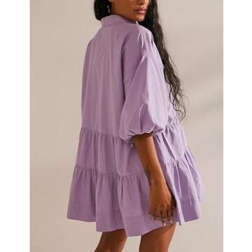 HangNiFang Women's Summer Babydoll Mini Dress Flowy Puff Sleeve Tiered Button Down Oversized Tunic Dress with Pockets(1307-Purple-XL)