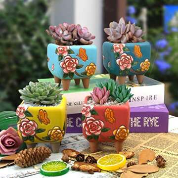 Summer Impressions Succulent Pots 3.63 Inch Hand Painted Square Cactus Planter Pot Clay Pot Flower Pot Butterfly Design with Saucers Pack of 4