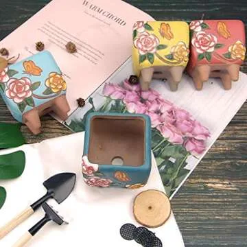 Summer Impressions Succulent Pots 3.63 Inch Hand Painted Square Cactus Planter Pot Clay Pot Flower Pot Butterfly Design with Saucers Pack of 4