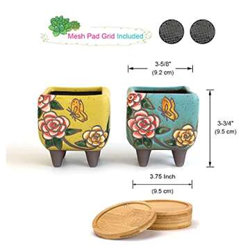 Summer Impressions Succulent Pots 3.63 Inch Hand Painted Square Cactus Planter Pot Clay Pot Flower Pot Butterfly Design with Saucers Pack of 4
