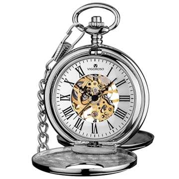 VIGOROSO Mens Pocket Watch with Chain Half Hunter Double Cover Skeleton Mechanical Men Watches Roman...
