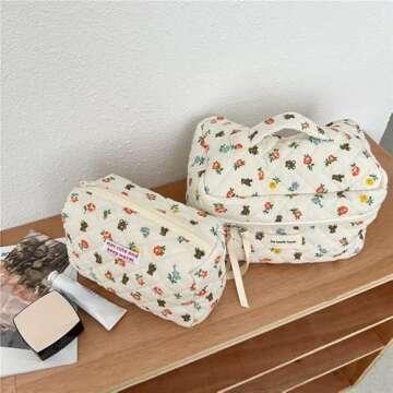 Donloise Kawaii Makeup Bag Cosmetic Case Cute Floral Storage Organizer with Handle Aesthetic Cartoon...