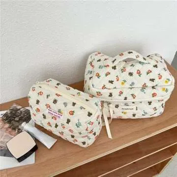 Donloise Kawaii Makeup Bag - Large Floral Cosmetic Case for Travel, Toiletry & Makeup