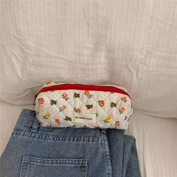 Donloise Kawaii Makeup Bag Cosmetic Case Cute Floral Storage Organizer with Handle Aesthetic Cartoon Zipper Toiletry Bag (Large)