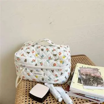 Donloise Kawaii Makeup Bag - Cute Floral Storage Organizer