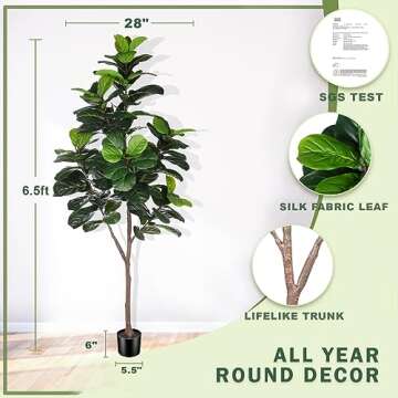 LYERSE Artificial Fiddle Leaf Fig Tree - 6.5ft Faux Ficus Lyrata Plant with 108 Fiddle Leaves Fake Fig Silk Tree in Pot Artificial Tree for Indoor Outdoor Home Office Perfect Housewarming