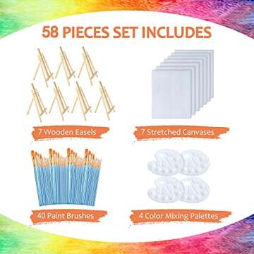 Easel Set 58 Pcs Painting Set(7 Pcs 14 Inch Easel+7Pcs 8x10 Paint Canvas+40 Brushes+4 Palettes) Painting Supplies Kit with Easels for Adults&Kids&Painting&Display&Sip and Paint&Painting Party