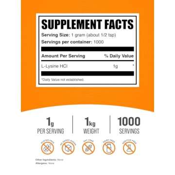 BulkSupplements.com L-Lysine Powder - Essential Immune Support, Gluten-Free, 1000mg per Serving, 1kg...
