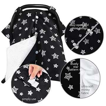 Baby Car Seat Cover for Babies, Opening Black Star Minky Carseat Canopy for Boys Girls, Multiuse Cover for Infant Carseat/Baby Carrier/Stroller/Nursing Breastfeeding/Newborn Shower Gift