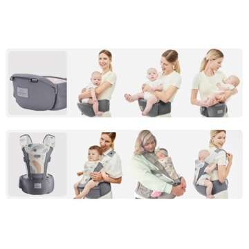 Bebamour Baby Carrier Newborn to Toddler-2 in 1 Hip Seat & Carrier Front and Back Carry with Head Hood & 3 Pieces Teething Pads& Waist Extenders & Storage Bag 0-36 Months (Grey)