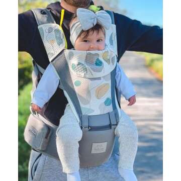 Bebamour Baby Carrier Newborn to Toddler-2 in 1 Hip Seat & Carrier Front and Back Carry with Head Hood & 3 Pieces Teething Pads& Waist Extenders & Storage Bag 0-36 Months (Grey)