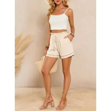 Dokotoo Linen Shorts for Women Cotton Lounge Beach 2024 Spring Fashion Casual Summer Flowy Shorts Trendy Resort Wear Beach Cruise Outfits High Waisted Shorts Beige Small