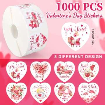 JarThenaAMCS 1000Pcs Watercolor Valentine's Day Stickers Pink Heart Shape Roll of Sticker Bulk Paper...