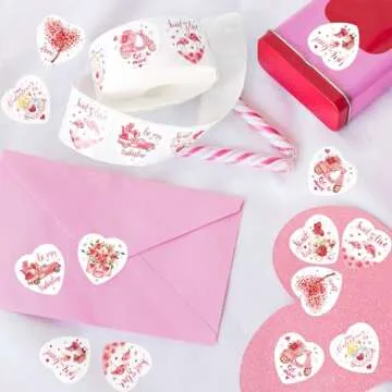 JarThenaAMCS 1000Pcs Watercolor Valentine's Day Stickers Pink Heart Shape Roll of Sticker Bulk Paper Decals 8 Designs Adhesive Decorative Sticker for Anniversary Journal Envelope Decor Party Supplies