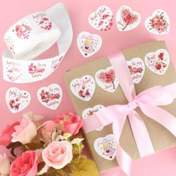 JarThenaAMCS 1000Pcs Watercolor Valentine's Day Stickers Pink Heart Shape Roll of Sticker Bulk Paper Decals 8 Designs Adhesive Decorative Sticker for Anniversary Journal Envelope Decor Party Supplies