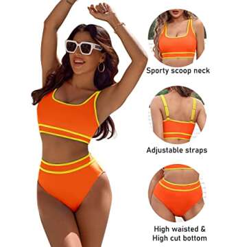 BMJL Women's High Waisted Bikini Sets Sporty Two Piece Swimsuits Color Block Cheeky High Cut Bathing Suits(S,Orange)